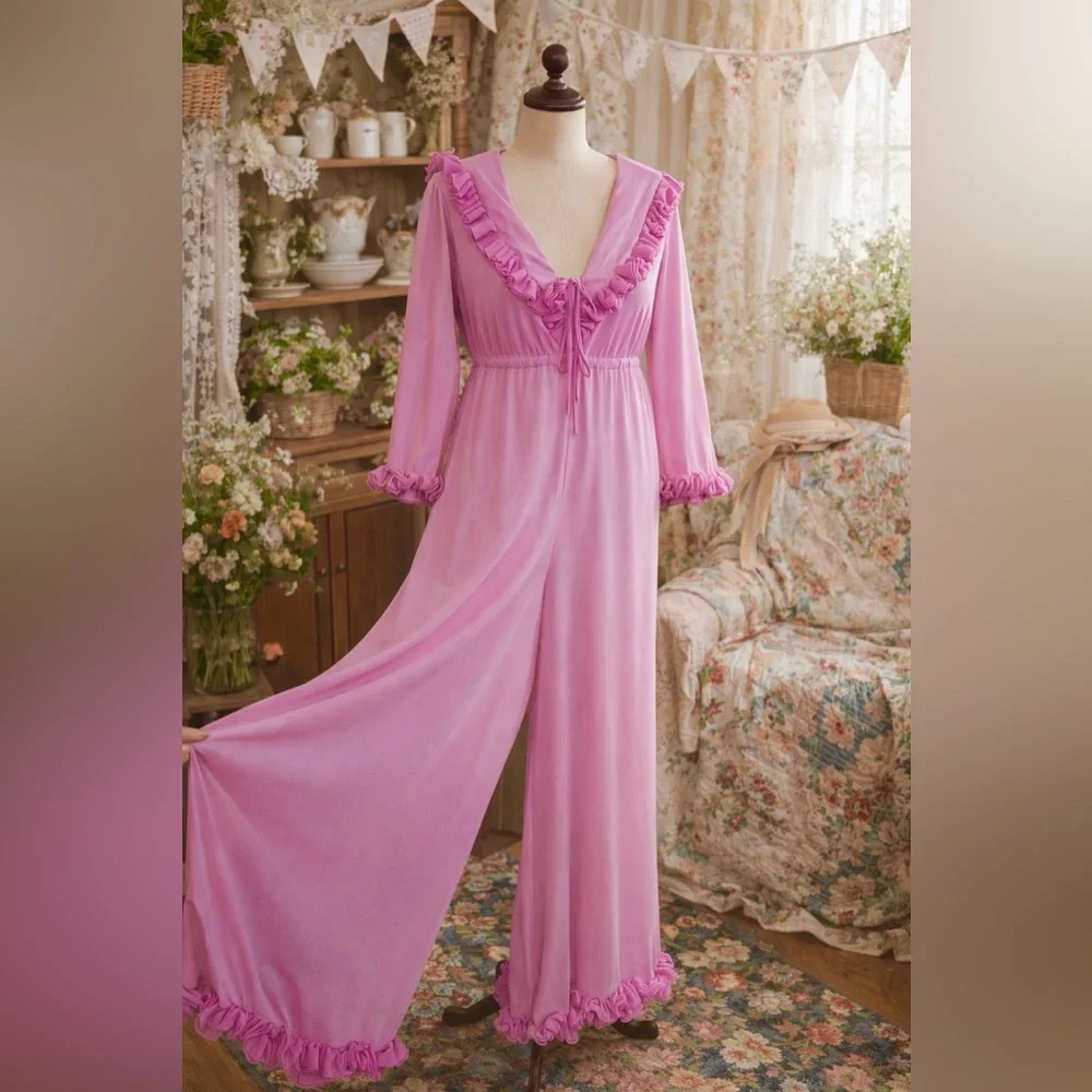 Vintage 1960s RARE Pink Ruffled Loungewear Jumpsuit
